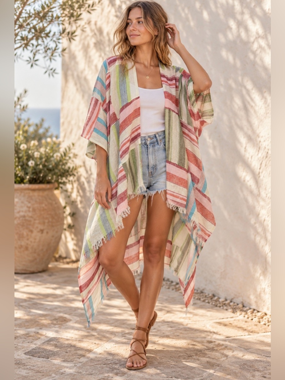 Free People Sail Away Patchwork Kimono 100% Linen Striped Cover Up OS